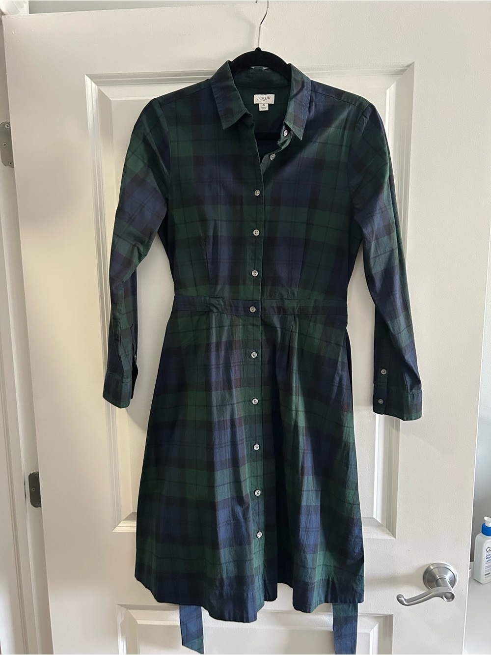 J. Crew Navy and Green Plaid Button-Front Shirt Dress